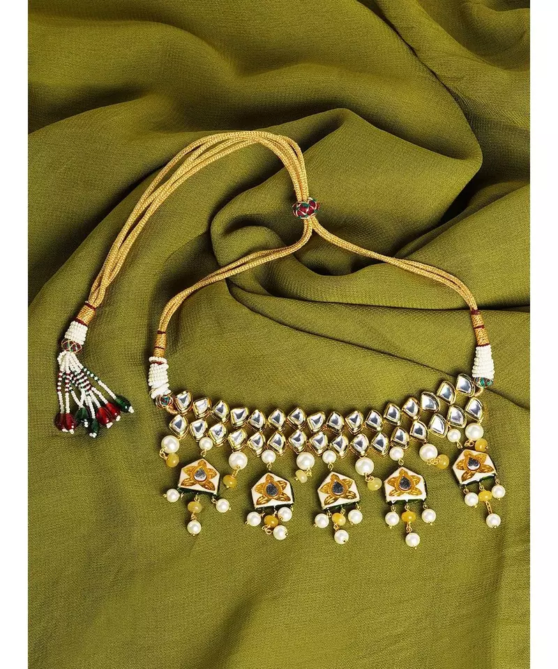 Meenakari Pan drop White and Gold Choker Necklace
