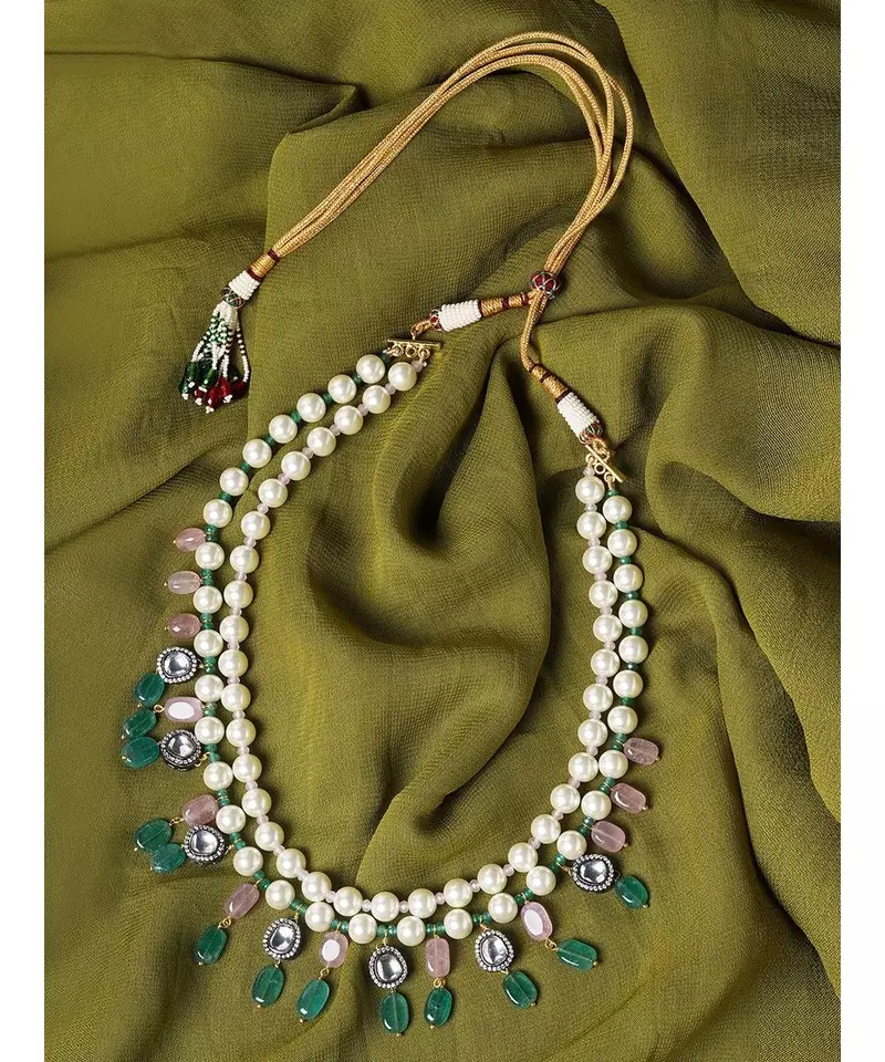 Jade Drops White and Gold Pearl Necklace