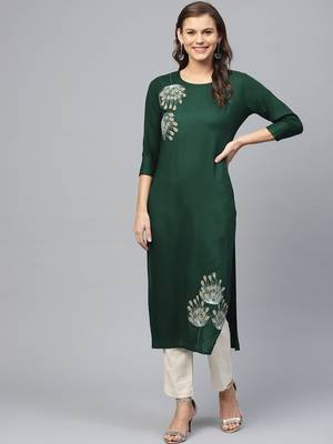 Green Viscose plain QUARTER SLEEVE kurti 1