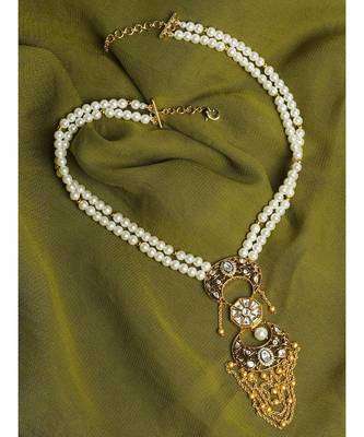 Chained Tassel White and Gold Pearl Necklace 1