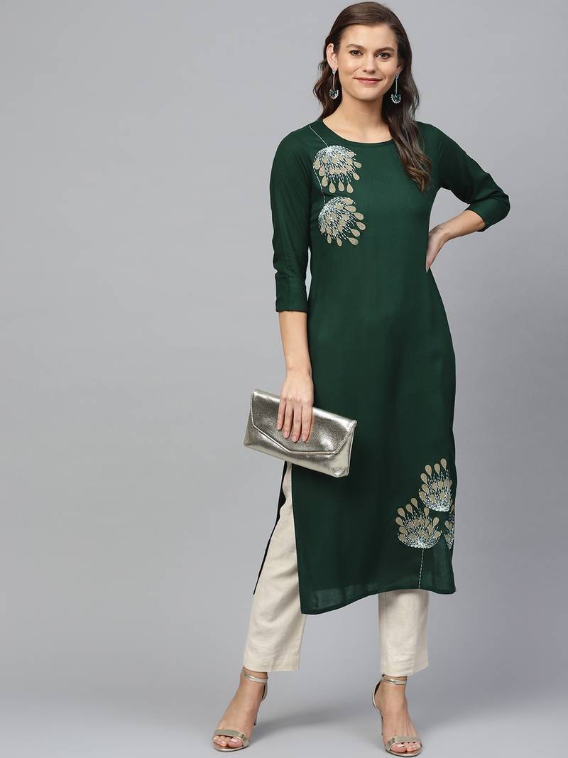 Green Viscose plain QUARTER SLEEVE kurti