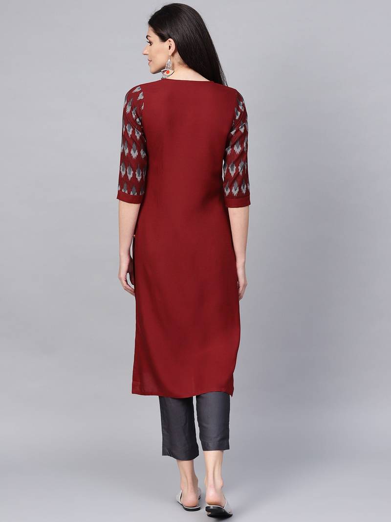 Maroon Rayon printed QUARTER SLEEVE kurti