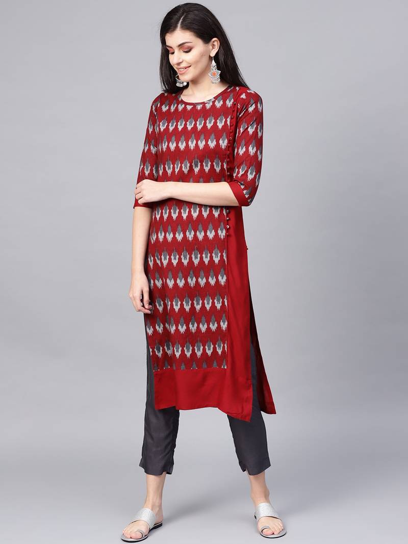 Maroon Rayon printed QUARTER SLEEVE kurti