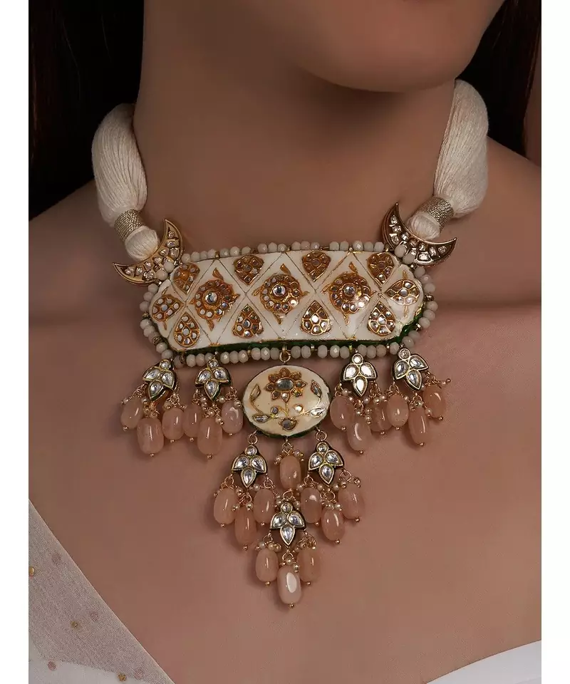 Meenakari Off White Orange Necklace with Jade Drops