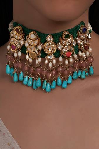 Turquoise Drops Multi color Necklace with Silk Thread