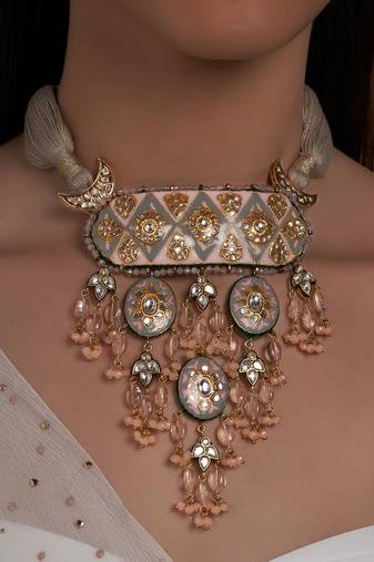 Meenakari Grey Necklace with Jade Drops