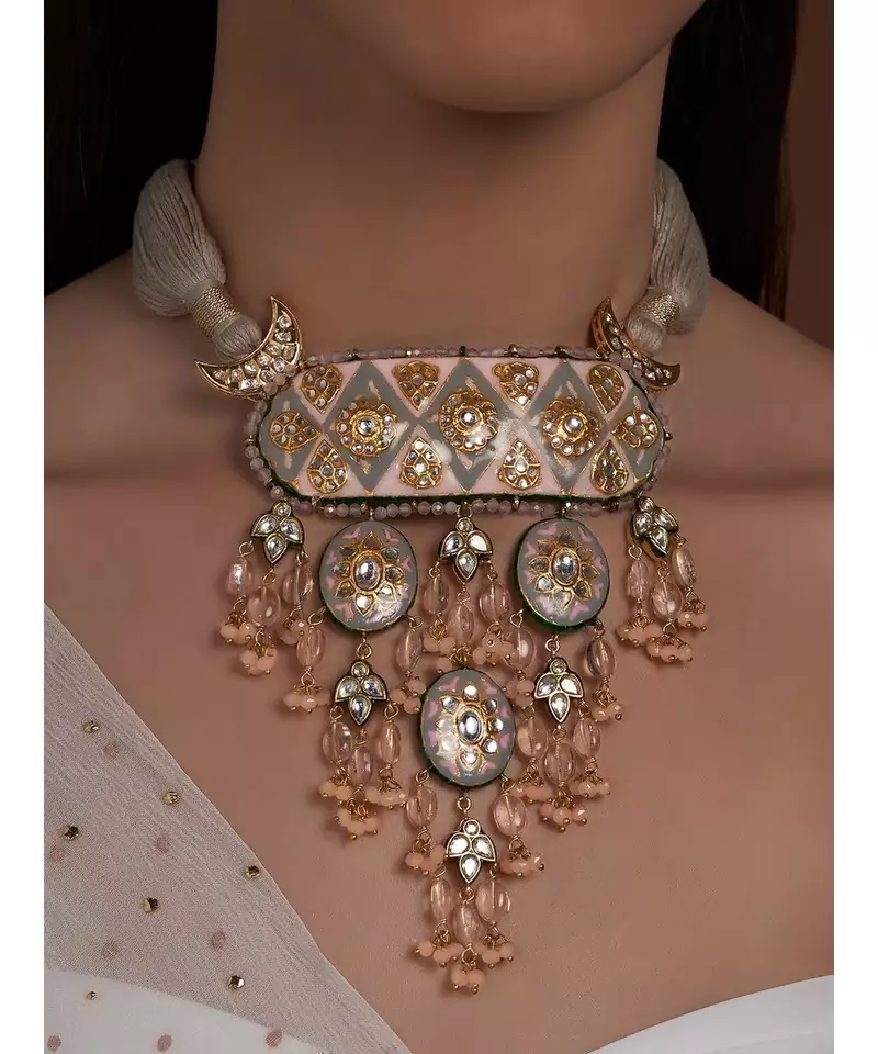 Meenakari Grey Necklace with Jade Drops
