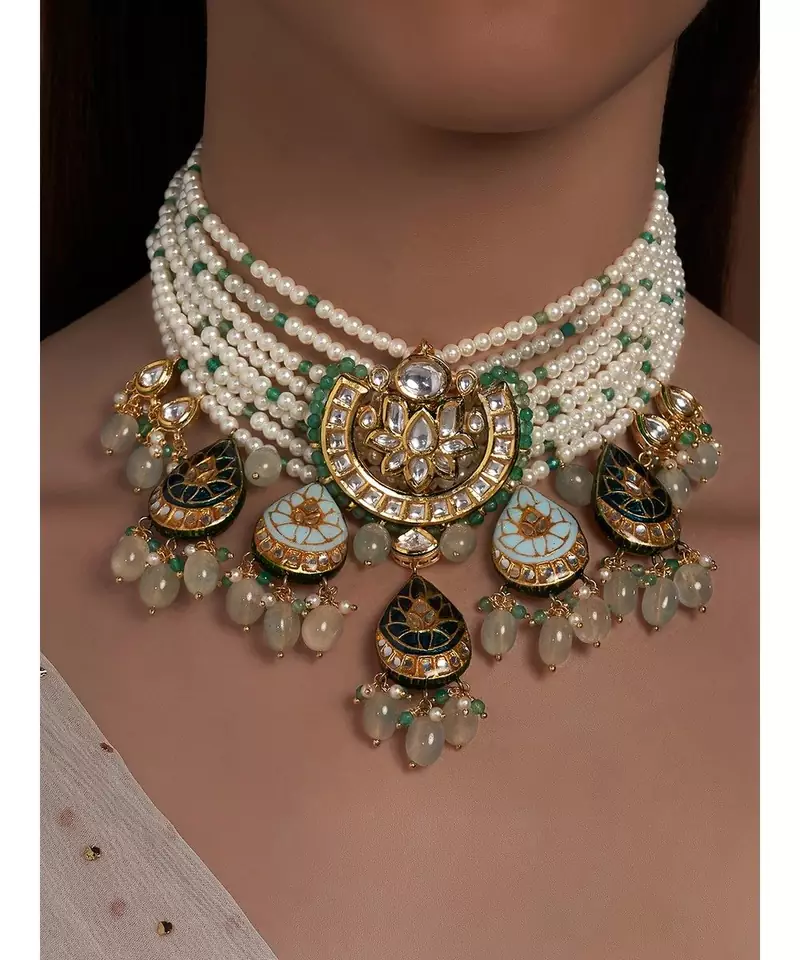 White Shell Pearl Green and Blue Necklace