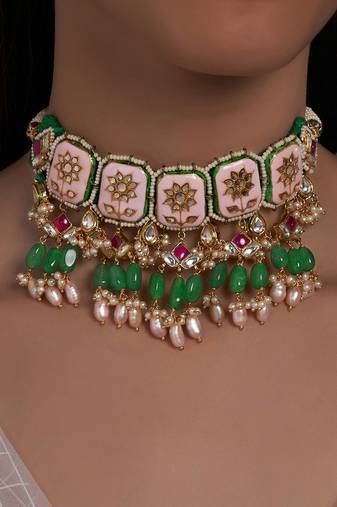 Meenakari Pink and Green Fresh Water Pearls Necklace
