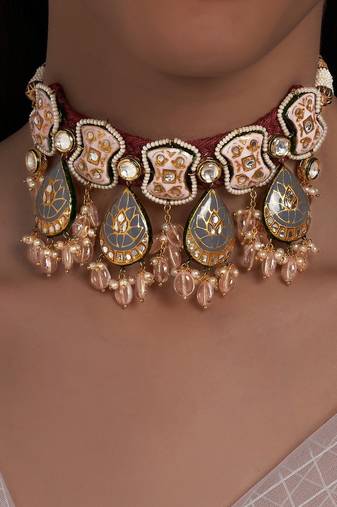 Meenakari Pink and Grey Neclace with Agate Drops