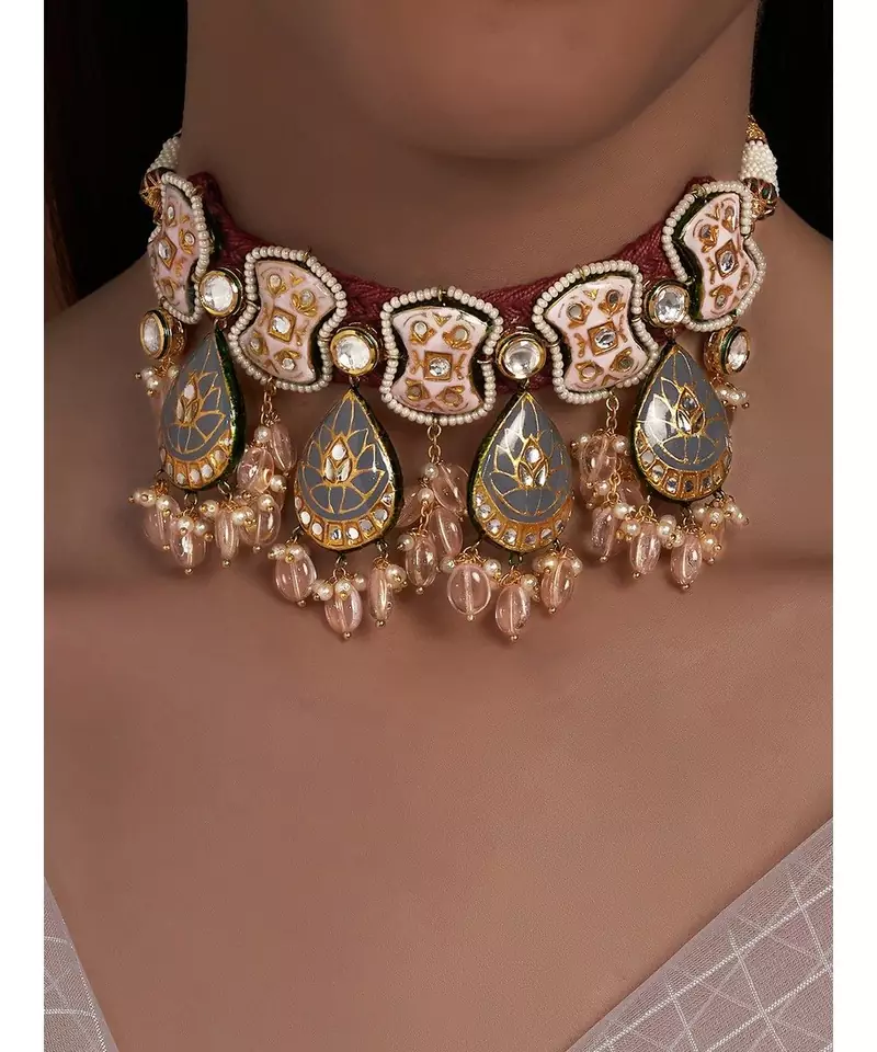 Meenakari Pink and Grey Neclace with Agate Drops