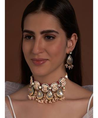 Meenakari Pink and Grey Neclace with Agate Drops 2