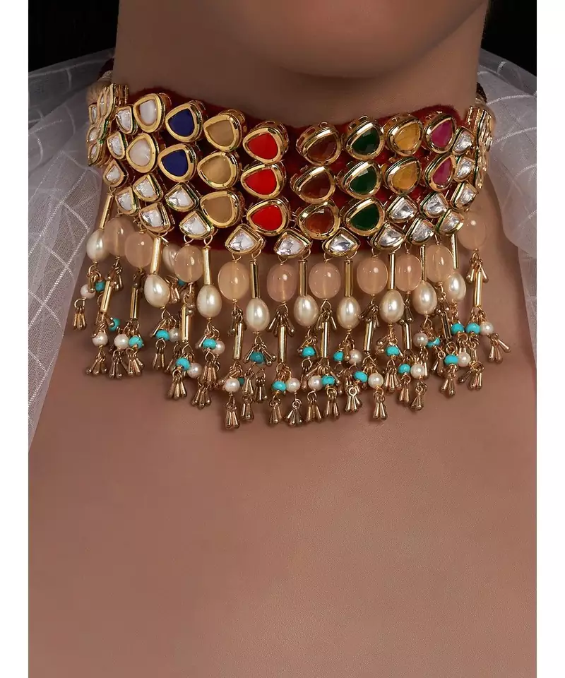 Navratna Multi color Necklace with Jade Drops