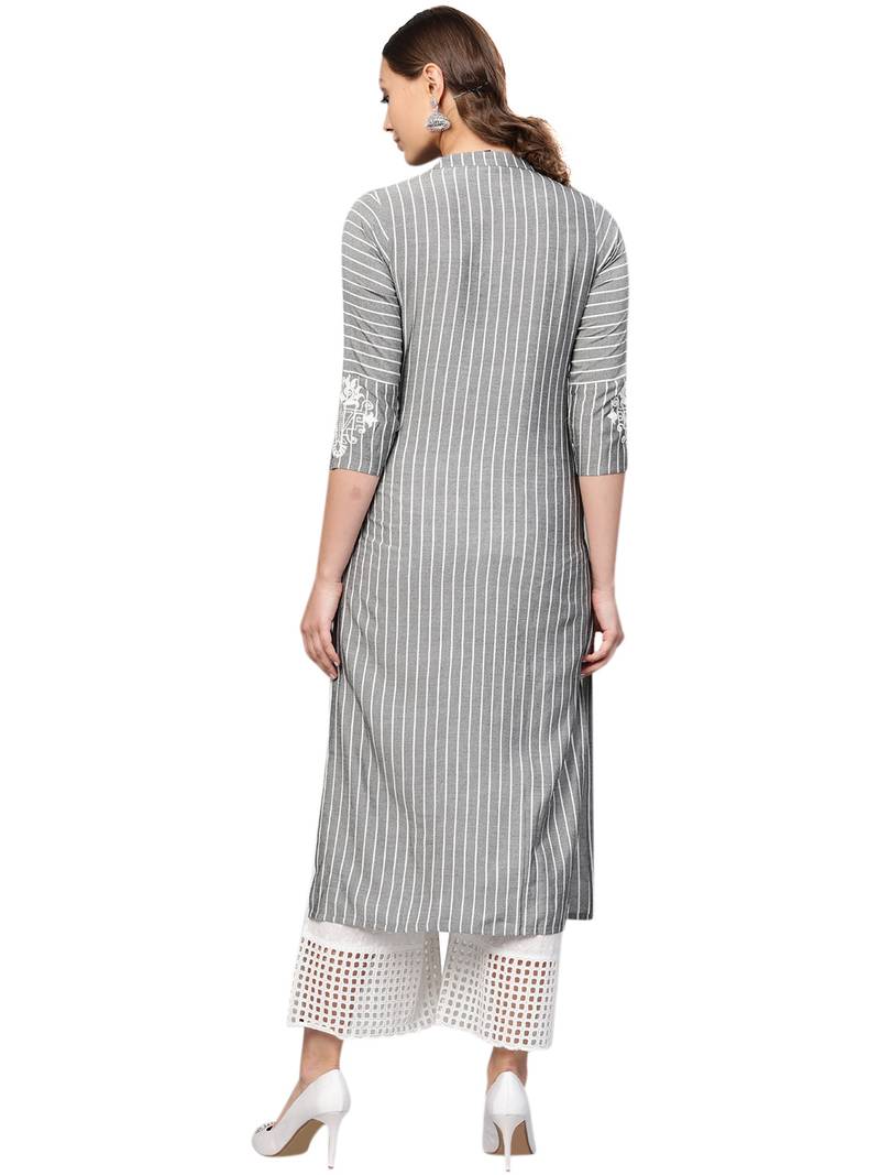 Grey Viscose Striped QUARTER SLEEVE kurti