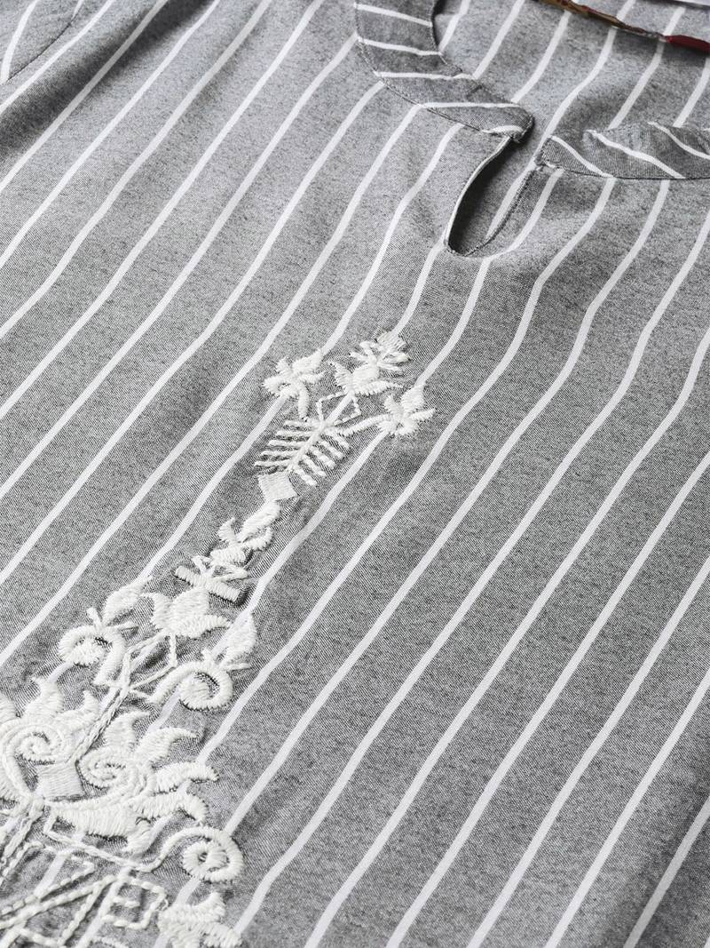 Grey Viscose Striped QUARTER SLEEVE kurti