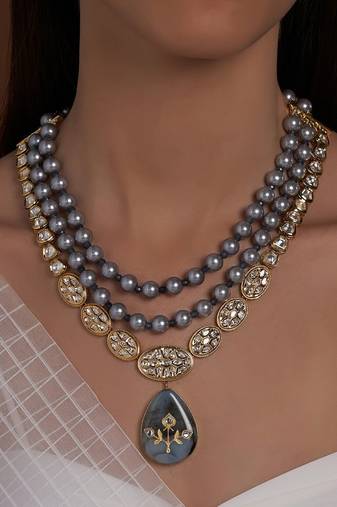 Hydro Kundan Polki Grey Necklace with Shell Pearls