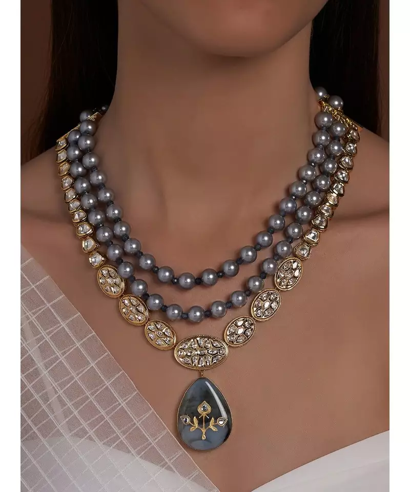 Hydro Kundan Polki Grey Necklace with Shell Pearls