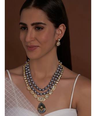 Hydro Kundan Polki Grey Necklace with Shell Pearls 2