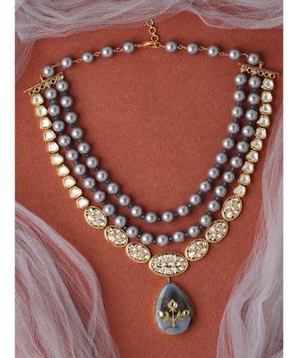 Hydro Kundan Polki Grey Necklace with Shell Pearls 3