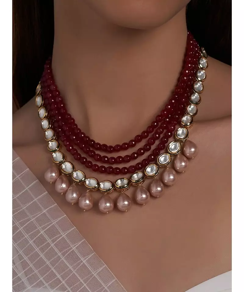 Hydro Kundan Polki Red and Pink Neckalce