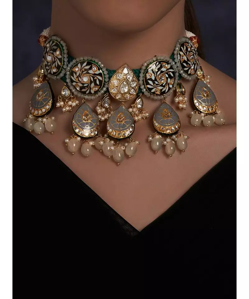 Meenakari Blue and Grey Necklace with Agate Drops