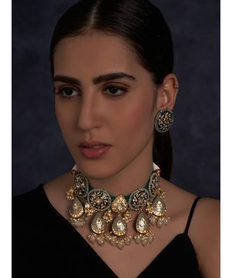 Meenakari Blue and Grey Necklace with Agate Drops 2