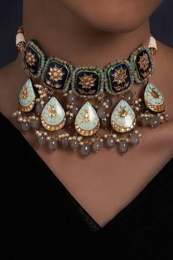 Meenakari Dark Blue and Light Blue Necklace Set