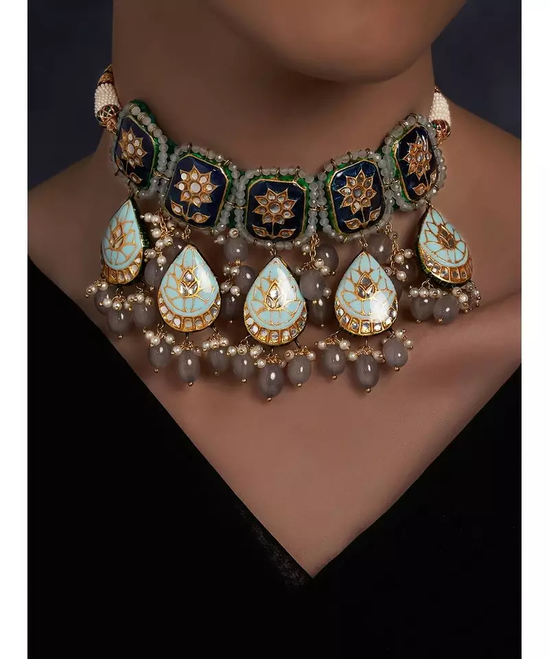 Meenakari Dark Blue and Light Blue Necklace Set