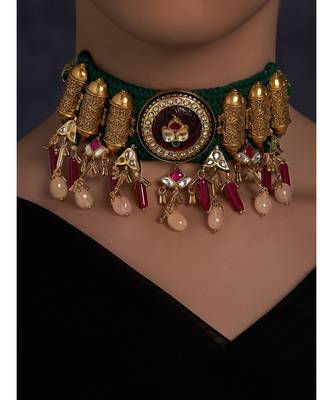 Antique Gold Plated Chocker Necklace with Jade Drops 1