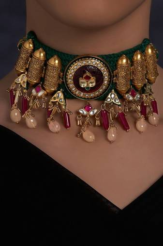 Antique Gold Plated Chocker Necklace with Jade Drops