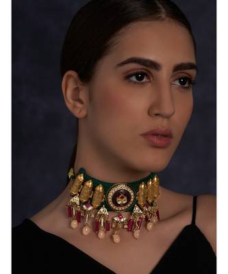 Antique Gold Plated Chocker Necklace with Jade Drops 2