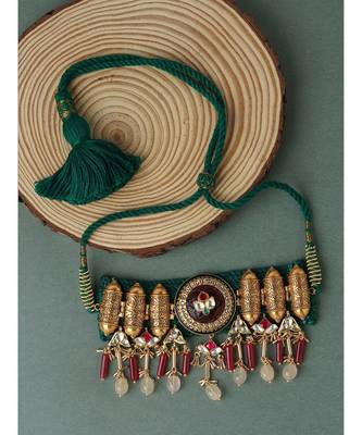 Antique Gold Plated Chocker Necklace with Jade Drops 3