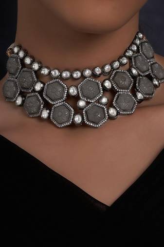 Grey Hexagon Carved Stones Necklace