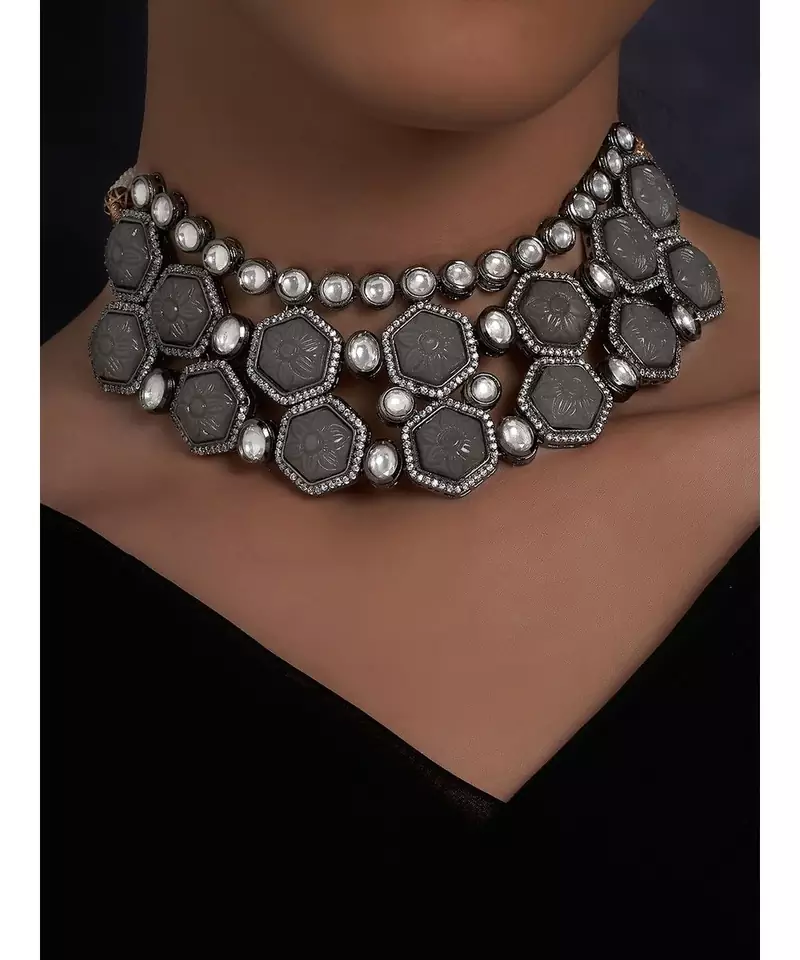 Grey Hexagon Carved Stones Necklace