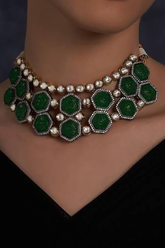 Green Red Hexagon Carved Stones Necklace