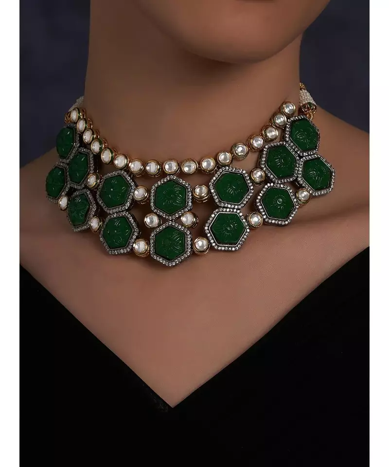 Green Red Hexagon Carved Stones Necklace