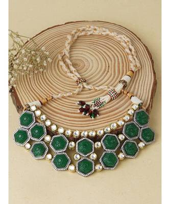 Green Red Hexagon Carved Stones Necklace 3