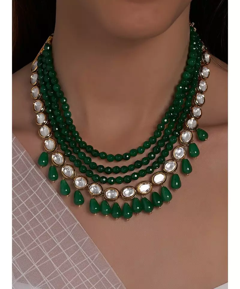 Green Agate Beads Necklace with Onyx Drops
