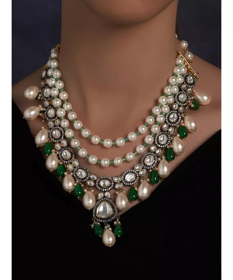 Antique Hydro Kundan Polki Necklace with Onyx Drops