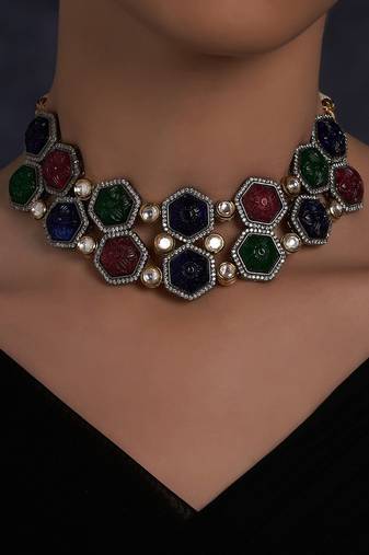 Multi Colored Hexagon Carved Stones Necklace
