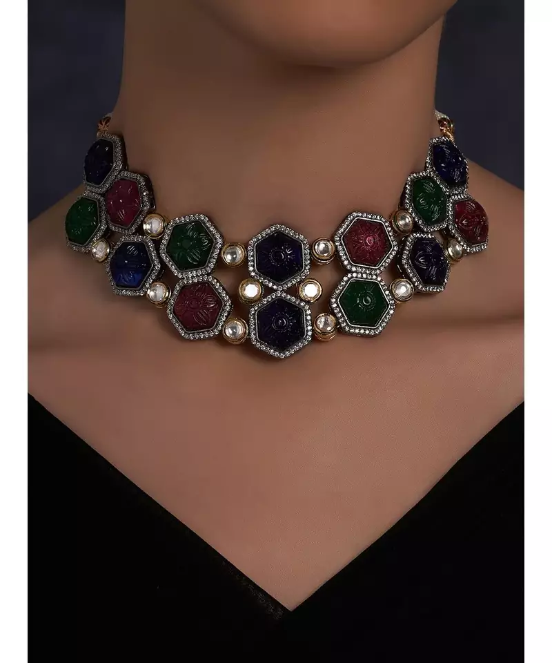 Multi Colored Hexagon Carved Stones Necklace