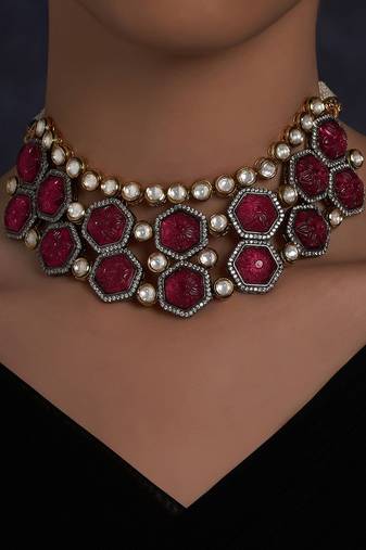 Pink Colored Hexagon Carved Stones Necklace