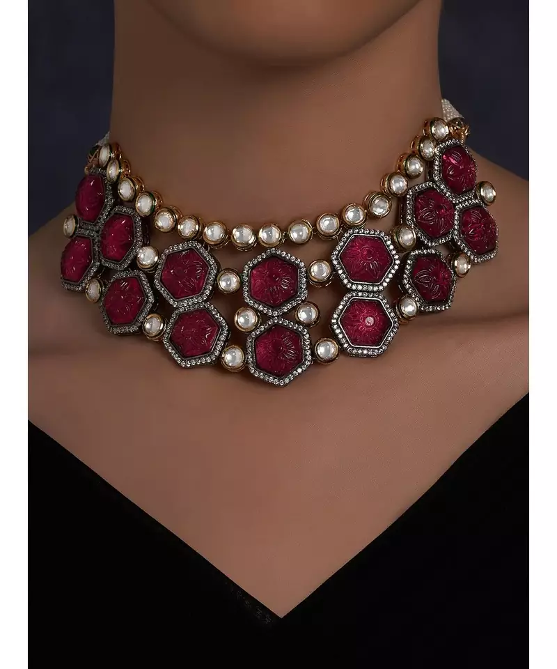 Pink Colored Hexagon Carved Stones Necklace
