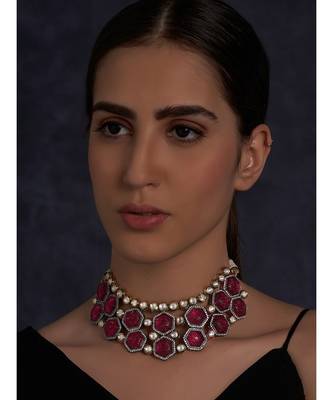 Pink Colored Hexagon Carved Stones Necklace 2