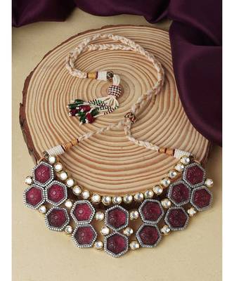 Pink Colored Hexagon Carved Stones Necklace 3