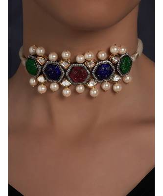 Multi Carved Stones Neckalce on Off White Silk Thread 1