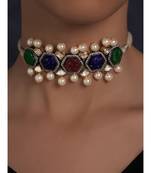 Multi Carved Stones Neckalce on Off White Silk Thread