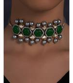 Green Carved Stones Neckalce on Grey Silk Thread