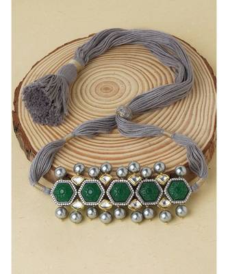 Green Carved Stones Neckalce on Grey Silk Thread 3