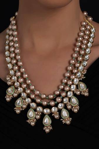 Hydro Kundan Polki Brown Green Necklace with Shell Pearls